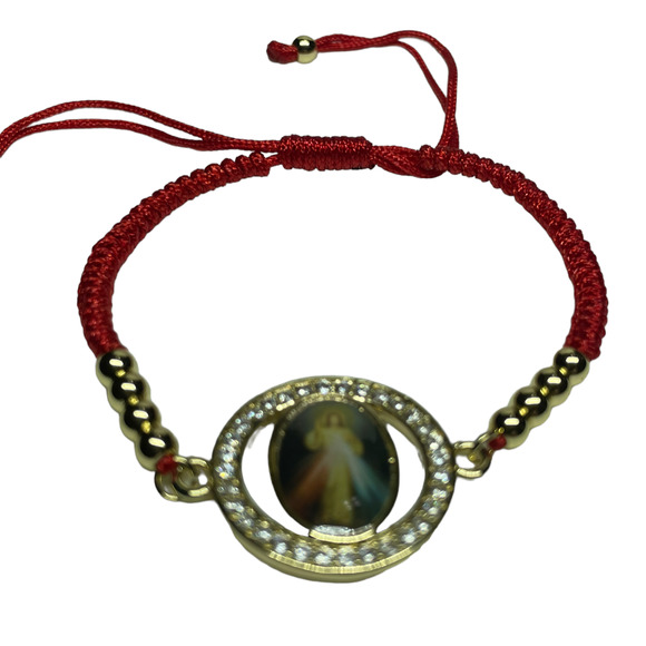 Devine Mercy Jesus Knotted Red Rope Gold Plated Bracelet Adjustable Handmade NEW - Picture 2 of 3